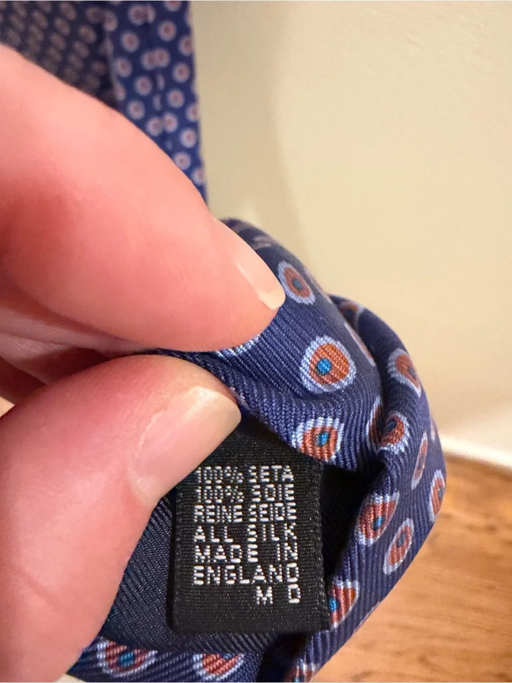 Drakes Navy Blue Silk Tie with orange and Light Blue Medallions - Picture 2 of 10
